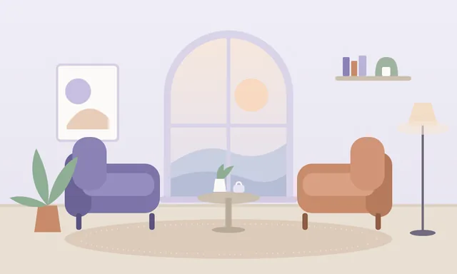 Ilustração de um consultório tranquilo, com duas poltronas, uma mesinha com planta e uma janela em arco